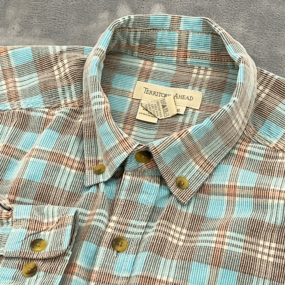 Territory Ahead Mens XL Blue Brown Plaid Corduroy Texture Button Down Shirt